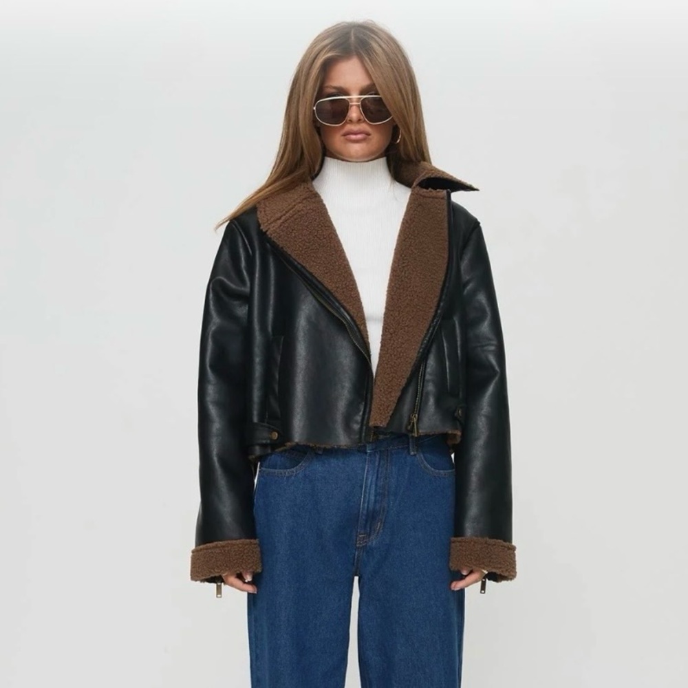 Princess Polly Shearling Trim Faux Leather Jacket Black Moto NWT